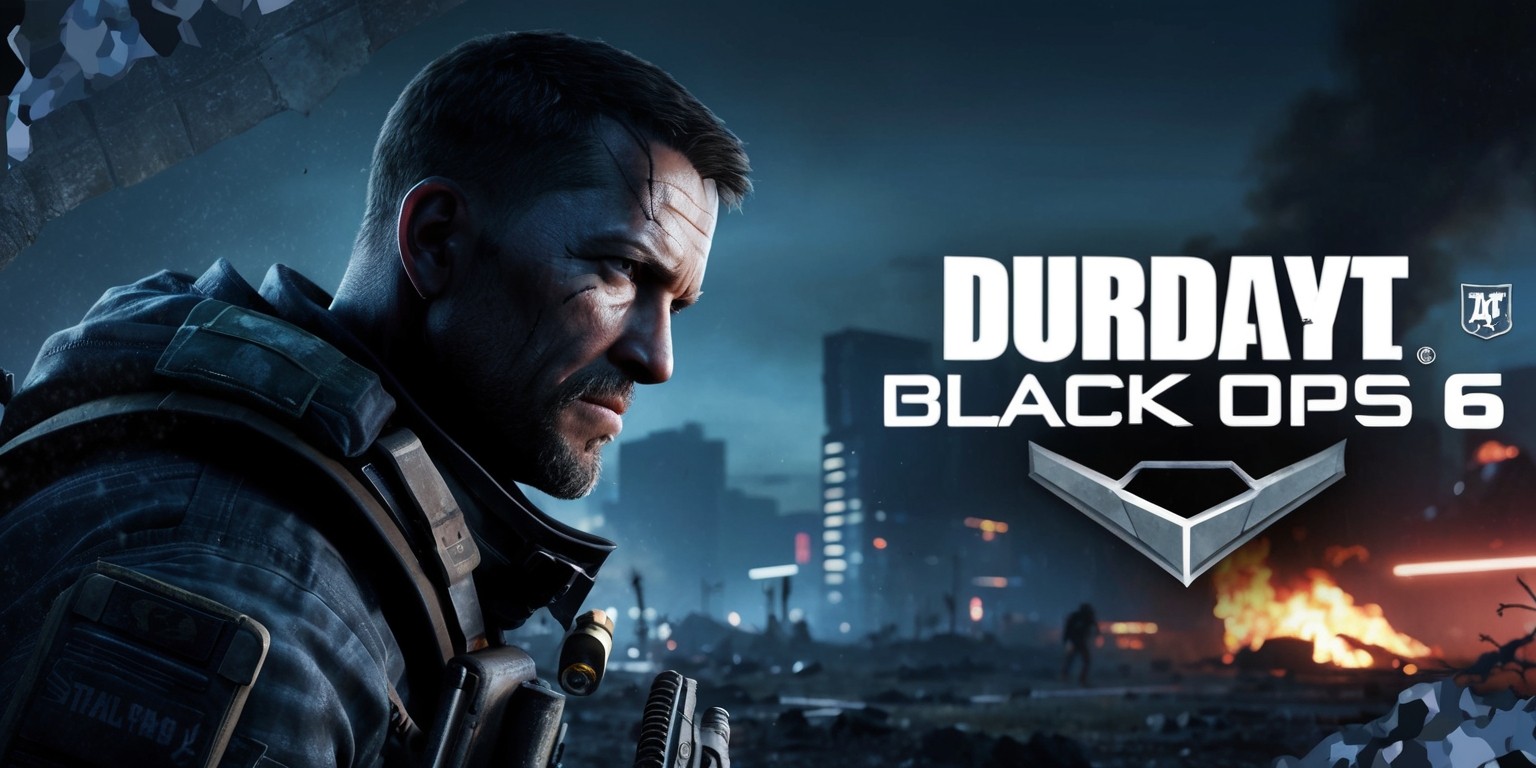 A dark and gritty video game key art for Black Ops 6, featuring a soldier in a tactical outfit, with a scar above their left eyebrow and a determined expression, set against a backdrop of a war-torn cityscape at dusk, with smoke and fire rising from the ruins, and a subtle hint of neon lights flickering in the darkness, with the game's logo prominently displayed in metallic silver and black, with bold, modern font, and a faint pattern of camouflage and military insignia subtly integrated into the design, with a color palette of dark blues, grays, and blacks, evoking a sense of intensity and urgency.