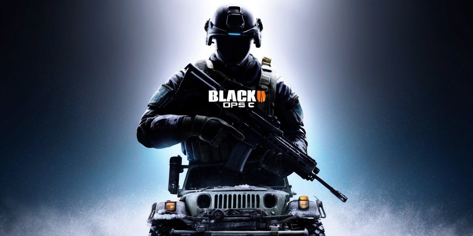 A gritty, high-contrast poster for Black Ops 6, a fictional first-person shooter game, set against a dark, gradient blue background that evokes a sense of intensity and stealth. In the foreground, a helmet-clad, elite soldier is silhouetted, armed with a rifle and standing atop a destroyed, snow-covered Humvee. The soldier's face is obscured, adding to the mystery and allure. The game's title, 