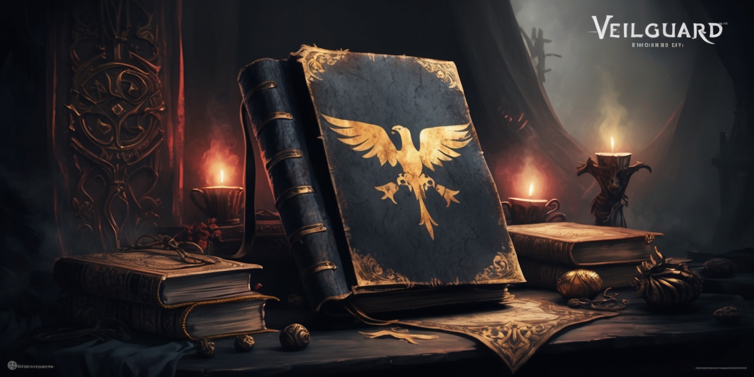 A dimly lit, atmospheric illustration of The Veilguard, a mystical and ancient order from the Dragon Age universe, set against a dark, misty background with subtle hints of crimson and gold. The Veilguard's emblem, a stylized golden eagle with outstretched wings, is prominently displayed on a worn, leather-bound tome or a faded banner, surrounded by ancient tomes, mysterious artifacts, and ornate, intricate wooden carvings. A faint, eerie glow emanates from candles or luminescent orbs, casting an otherworldly light on the scene. The overall mood is one of mystique, ancient wisdom, and foreboding, evoking a sense of reverence and trepidation. The illustration style is reminiscent ofBioWare's concept art, with bold lines, expressive brushstrokes, and a blend of realism and fantasy elements. The color palette is dark, muted, and earthy, with splashes of gold and crimson, reflecting the mystical and ancient nature of The Veilguard.