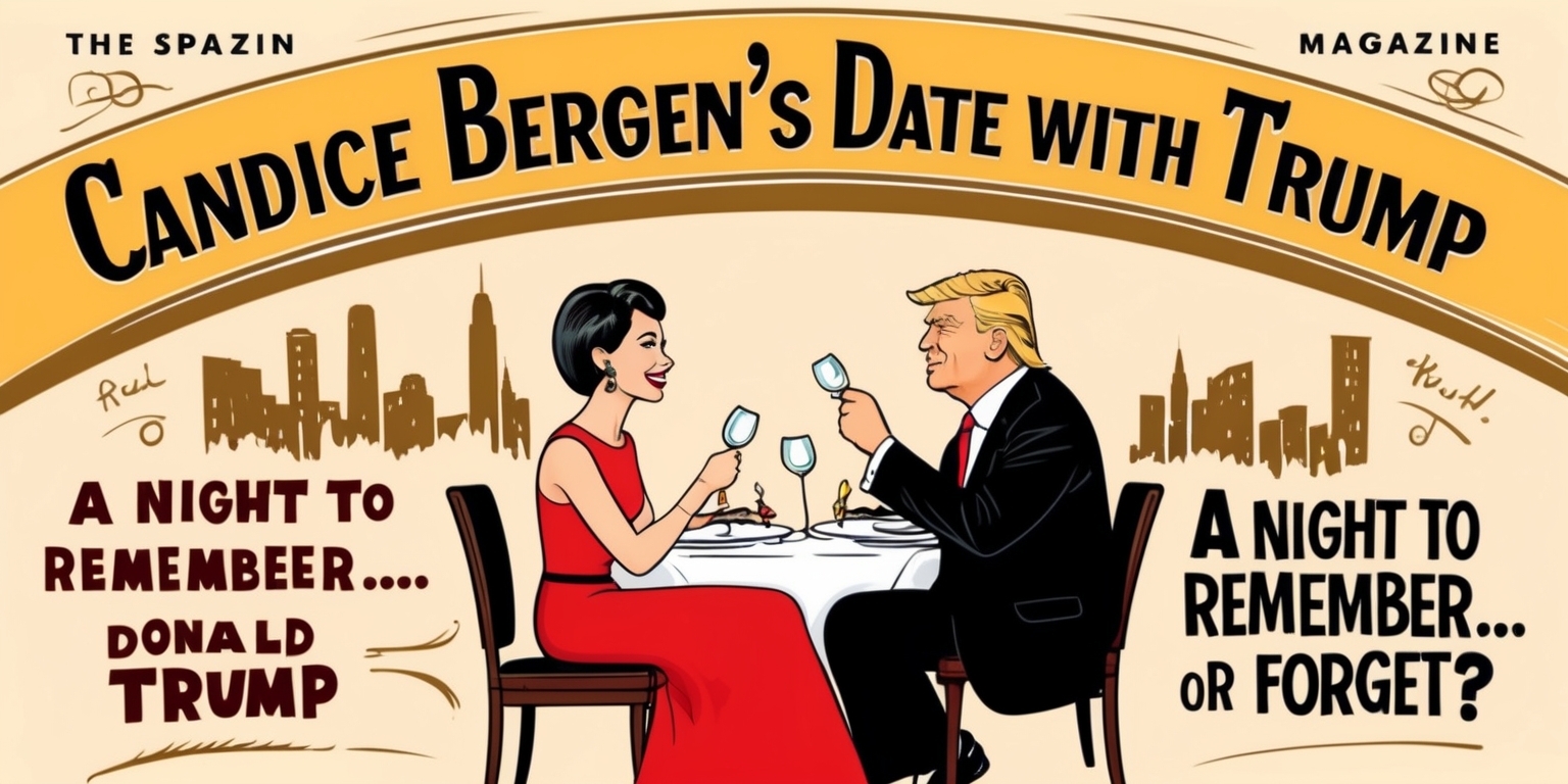 A retro-styled magazine cover featuring a playful, yet satirical, illustration of Candice Bergen, the actress and comedian, sitting across from Donald Trump on a dinner date, with a city skyline in the background, set against a warm, golden color palette with bold, sans-serif fonts and ornate typography, the title Candice Bergen's Date with Trump emblazoned across the top in a curved line, with a subtitle A Night to Remember... or Forget? written in smaller text beneath, surrounded by subtle, hand-drawn design elements, evoking a sense of 1960s and 1970s-era magazine design.