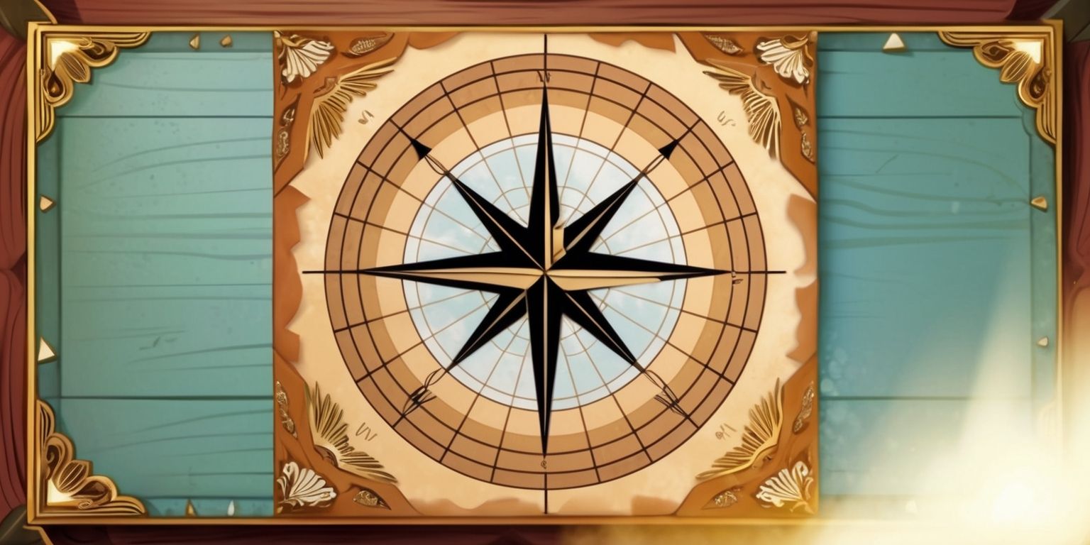 A stylized illustration of a Windrose game board with a wooden texture and a subtle sheen, set against a muted blue-green background, featuring a large circular compass rose at the center, divided into eight primary and secondary directions, with delicate lines and markings, and a classic serif font displaying the directional names, surrounded by intricate patterns and shapes, in a warm and earthy color palette with golden accents, with the overall composition framed by a thin, ornate border, and a soft, diffused lighting effect to enhance the nostalgic and adventurous feel of the game.