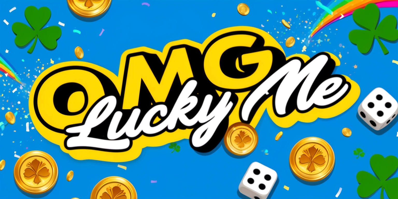 A vibrant and colorful digital illustration depicting the OMG Lucky Me game, set against a bright blue background with bold, white outline font displaying the game's title in a playful, cursive script, surrounded by shiny gold coins, lucky four-leaf clovers, and sparkling rainbow confetti, with a few scattered game pieces and dice nearby, evoking a sense of excitement and good fortune, with a dash of whimsy and magic.