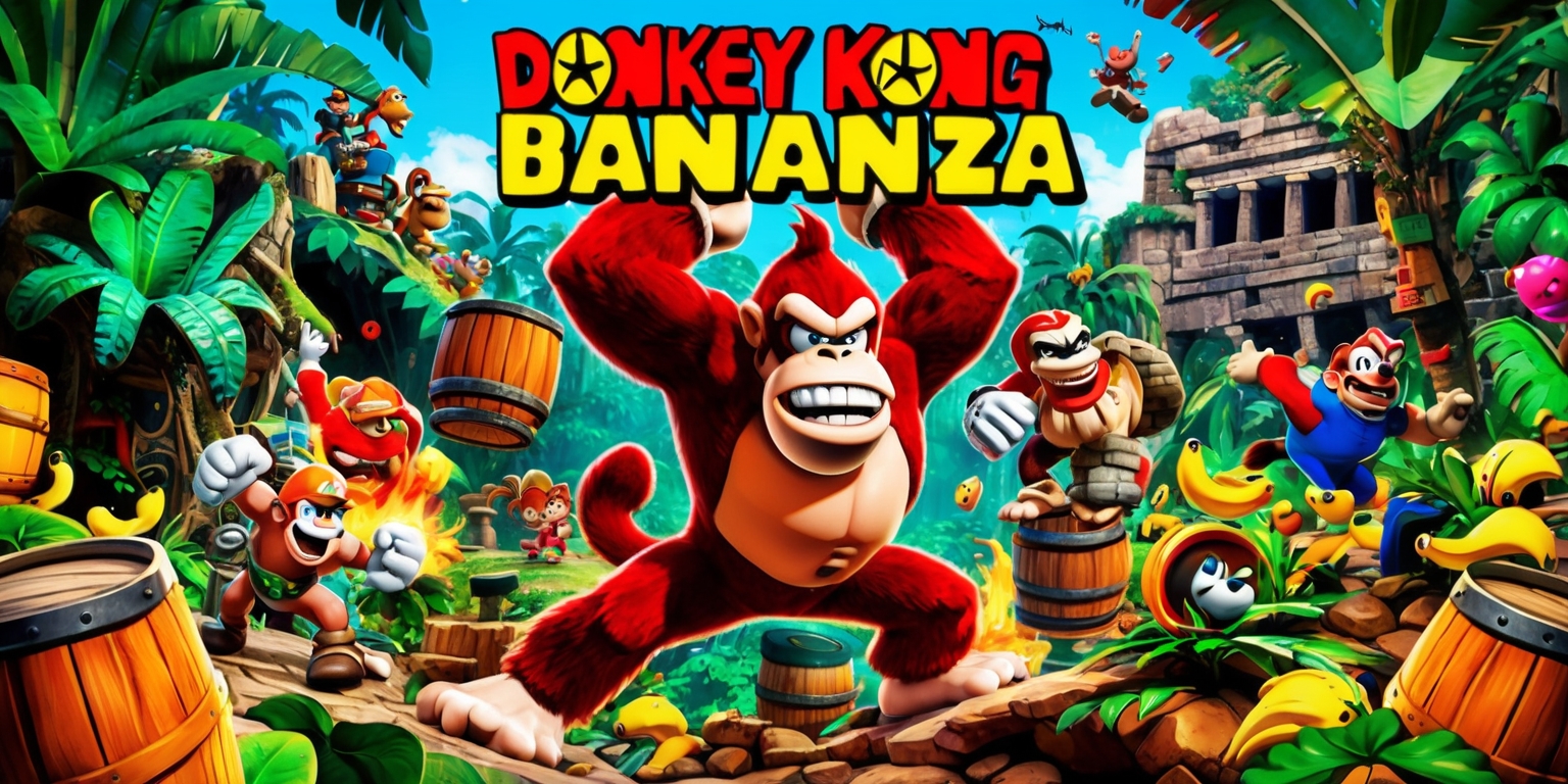 A vibrant and dynamic scene depicting the chaotic world of Donkey Kong Bananza, with the titular character Donkey Kong prominently featured in the center, surrounded by a variety of colorful characters and obstacles, set against a lush jungle background with exotic plants and ancient ruins, the characters and environment rendered in a stylized and whimsical manner reminiscent of classic arcade games, with bold lines, bright colors, and exaggerated features, Donkey Kong's imposing figure and menacing expression taking center stage, as he navigates through the treacherous terrain, with barrels, bananas, and other power-ups scattered throughout the scene, creating a sense of energy and excitement, with a clear emphasis on fun and action.