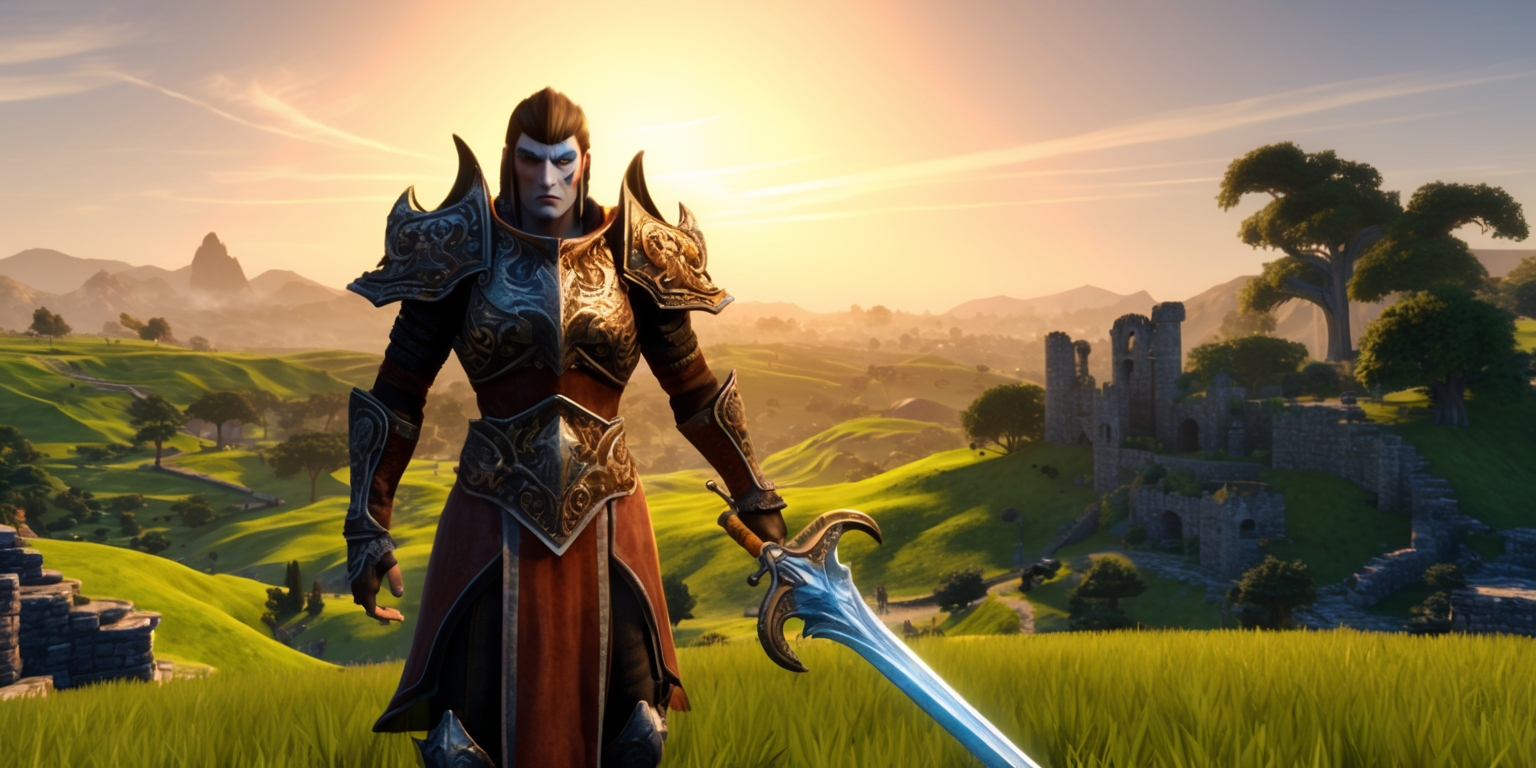 A majestic, sprawling fantasy landscape from the popular video game Oblivion Remastered, set against a warm, golden sunset with subtle, wispy clouds scattered across the horizon, evoking a sense of adventure and discovery. In the foreground, a heroic figure, likely the game's protagonist, stands proudly, clad in ornate, intricately designed armor, with a regal, powerful sword at their side, and a determined expression etched on their strong, angular face, with piercing blue eyes and a resolute jawline. The environment is lush and vibrant, with rolling green hills, ancient trees, and crumbling stone structures, showcasing the game's renowned graphics and immersive world-building. The overall aesthetic is one of epic fantasy, with bold, saturated colors, and a sense of limitless possibility.