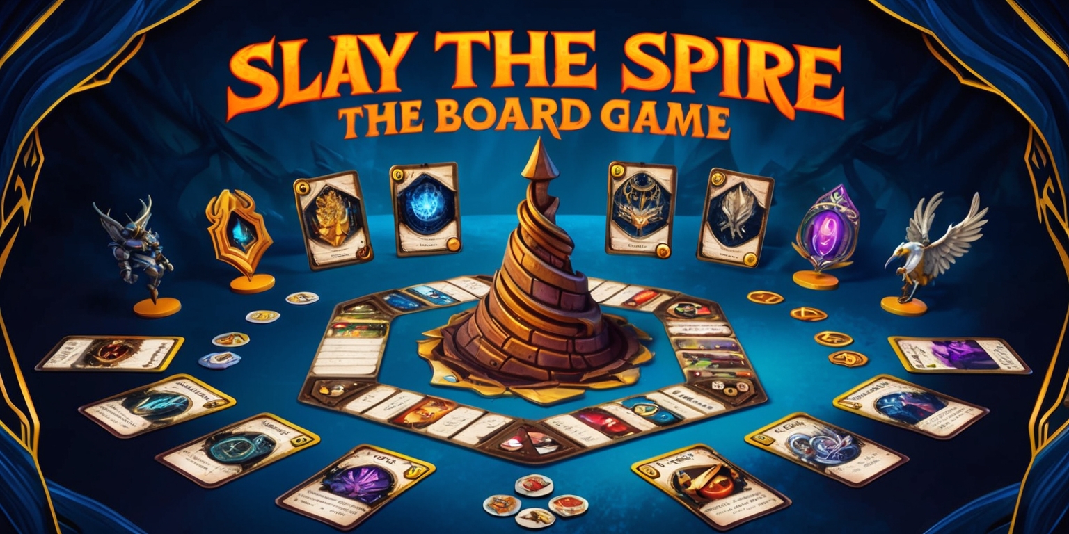 A vibrant, stylized illustration of a board game inspired by Slay the Spire, set against a rich, dark blue background with golden accents, evoking a sense of mystery and adventure. The game board, shaped like a twisting spire, dominates the center of the image, with various cards, tokens, and player pieces arranged neatly around it. The cards feature intricate, gothic-inspired illustrations of creatures, relics, and ascended forms, with bold, golden font highlighting their names and abilities. The player pieces, resembling miniature statues, showcase unique, ornate designs, with one piece featuring a regal, crowned figure, another a mysterious, hooded assassin, and the third a powerful, winged warrior. The title 