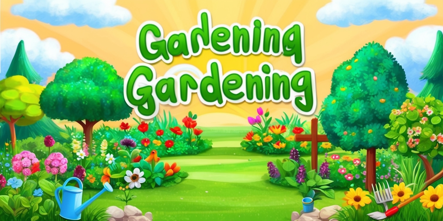 A vibrant digital illustration of a whimsical gardening game, featuring a lush green garden with various colorful flowers, trees, and shrubs, set against a warm sunny backdrop with fluffy white clouds, the game's user interface is modern and sleek, with clean lines and minimalist design, the game's title is displayed prominently in a playful, cursive font with bright green letters, a few gardening tools and accessories are scattered throughout the garden, including a watering can, rake, and gardening gloves, the overall atmosphere is peaceful and serene, with a sense of growth and nurturing, the digital art style is reminiscent of a cross between a watercolor painting and a computer-generated simulation, with soft textures and subtle shading, the composition is well-balanced and visually appealing, with a clear focus on the garden and the game's interactive elements.