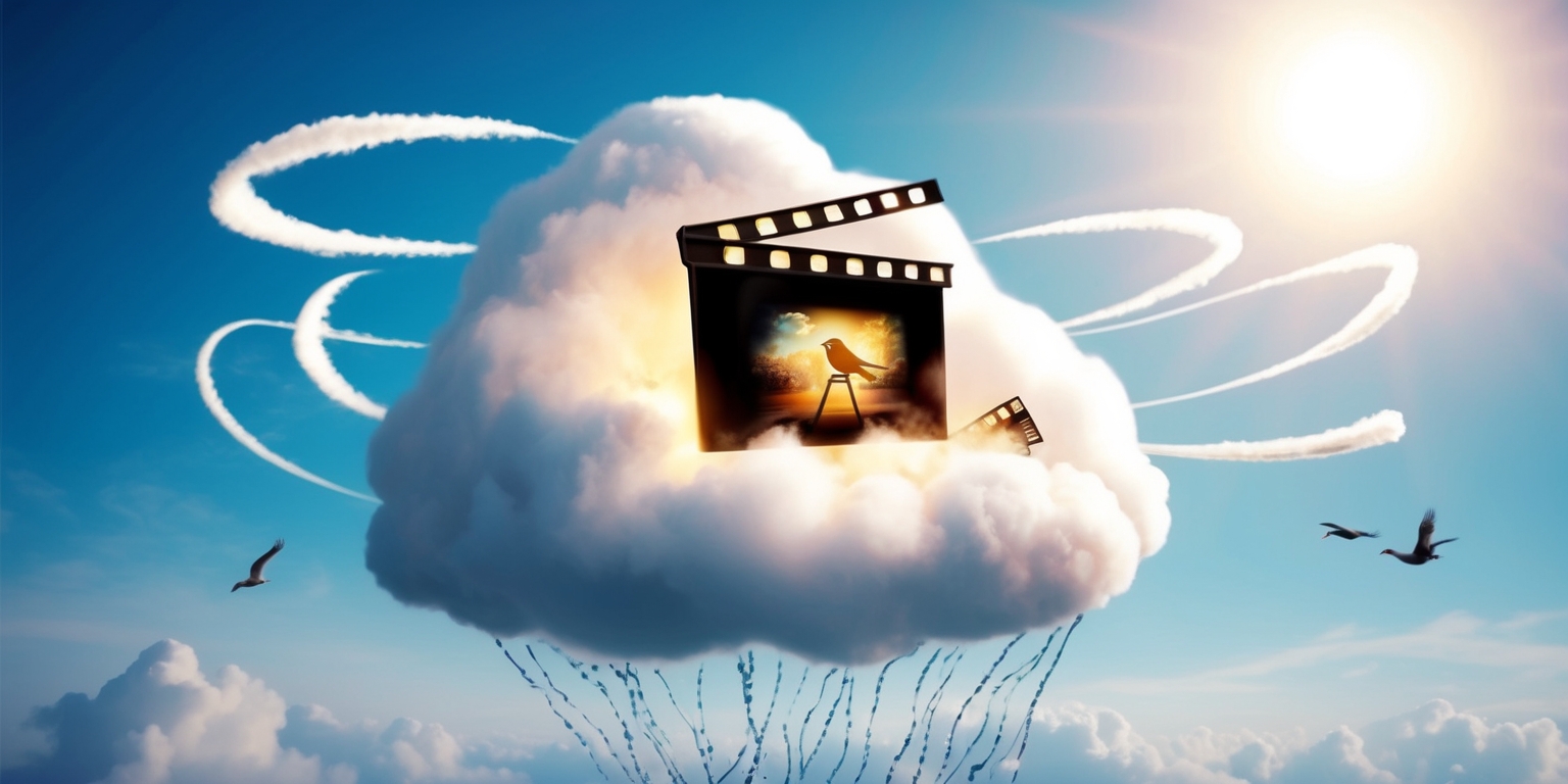 A whimsical, dreamy illustration of a movie projected onto a majestic cloud, suspended in a vibrant blue sky with a few wispy strands of white cloudlets drifting by, the movie screen glowing softly with a warm, golden light, the film reels spinning rapidly as the cloud-cinema floats serenely amidst the airy atmosphere, surrounded by a subtle halo of sunlight, with a few birds flying lazily in the background, their silhouettes faint against the radiant blue, the overall composition evoking a sense of wonder, magic, and limitless imagination.