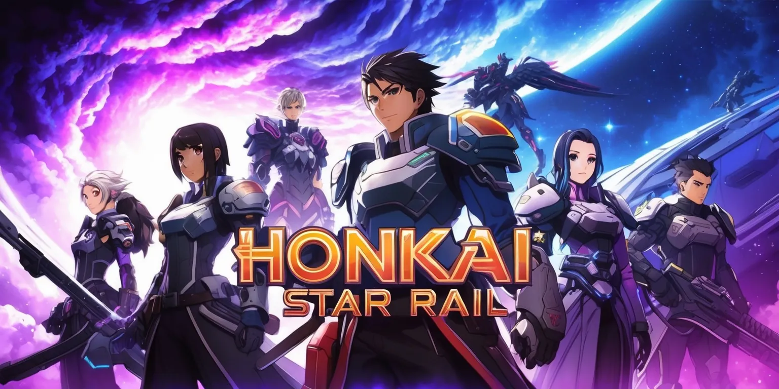 A futuristic sci-fi scene depicting characters from the Honkai: Star Rail game, set against a vibrant cosmic background with swirling purple and blue clouds, and distant stars shining bright, the main characters stand prominently in the foreground, with intricate details on their armor and weapons, their facial features are finely etched, with varying skin tones and hair styles, the overall art style is reminiscent of anime and manga, with bold lines and dynamic poses, the composition is balanced, with a sense of movement and energy, and the colors are bright and saturated, with a mix of hot and cool tones, capturing the essence of the game's unique visual identity.