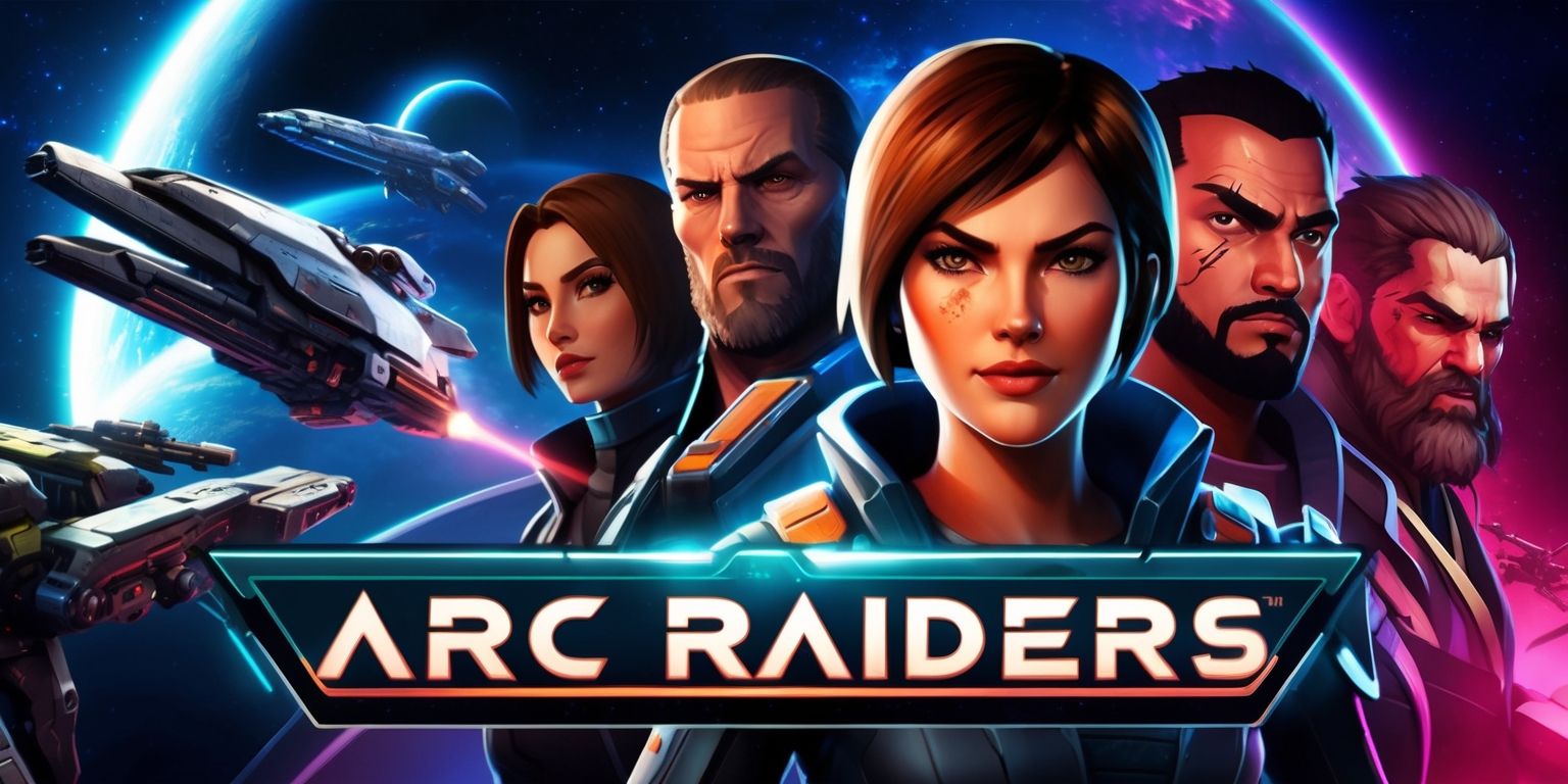 A futuristic sci-fi scene depicting the Arc Raiders game, with sleek spaceships and robust mechs in the foreground, set against a vibrant celestial backdrop of stars and planets, featuring a diverse group of characters with unique facial features and skin colors, including a strong female protagonist with short brown hair and determined expression, alongside a male ally with a rugged beard and scar above his left eyebrow, with bold, metallic textures and neon accents illuminating the dark vastness of space, and the game's logo prominently displayed in a stylized, modern font with sharp edges and a metallic sheen, in a dynamic composition that conveys action, adventure, and exploration.