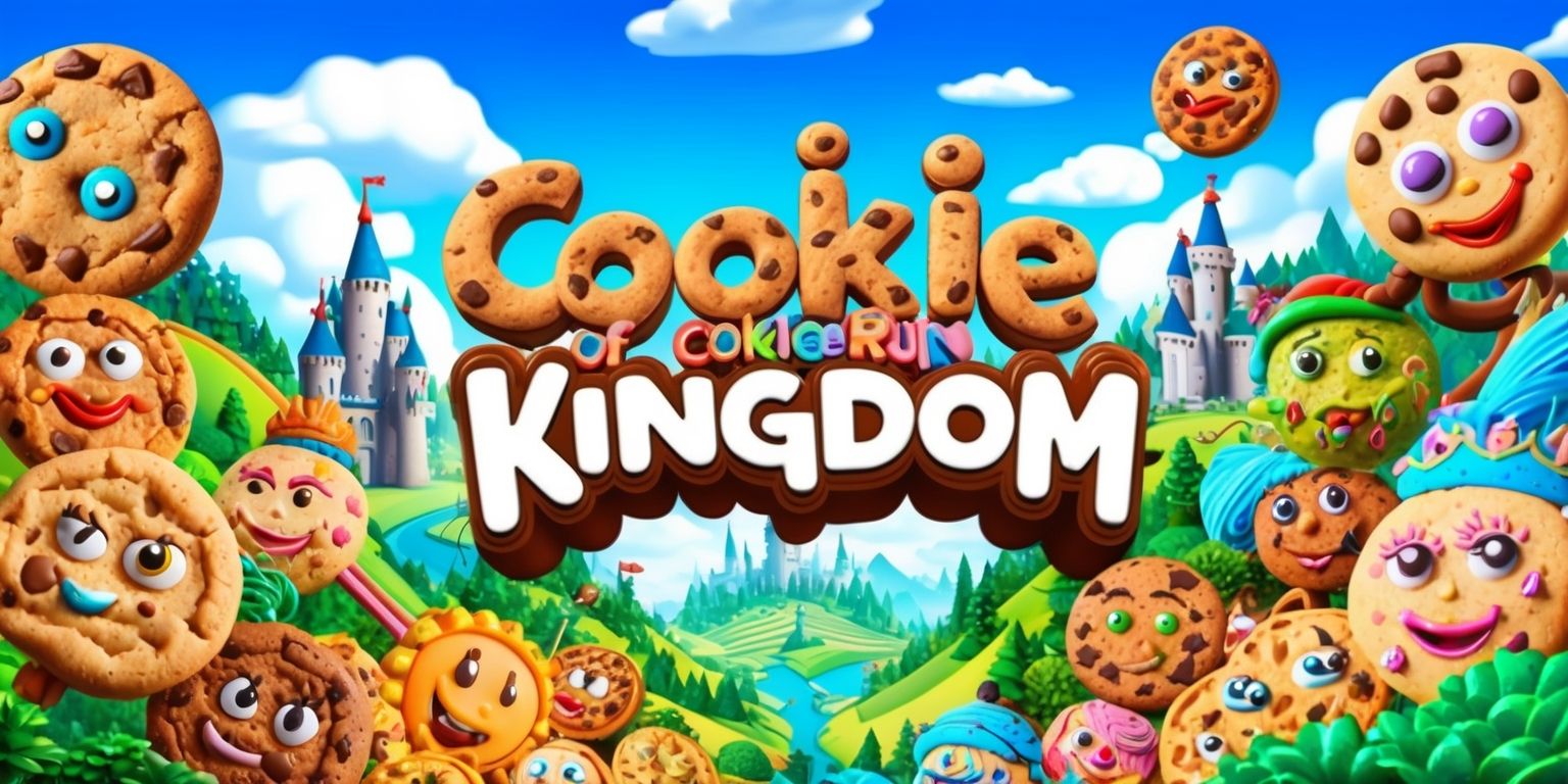 A colorful digital illustration depicting the vibrant world of Cookie Run Kingdom, featuring a variety of intricately designed cookie characters with unique facial features and expressions, set against a detailed background of rolling hills, towering castles, and lush forests, with a bright blue sky and fluffy white clouds, incorporating a mix of bold and pastel colors, and a dynamic composition that showcases the game's whimsical style, with possible inclusion of text or logos in a modern, playful font, highlighting the game's title in a prominent and eye-catching manner, while maintaining a sense of wonder and adventure that is characteristic of the game.