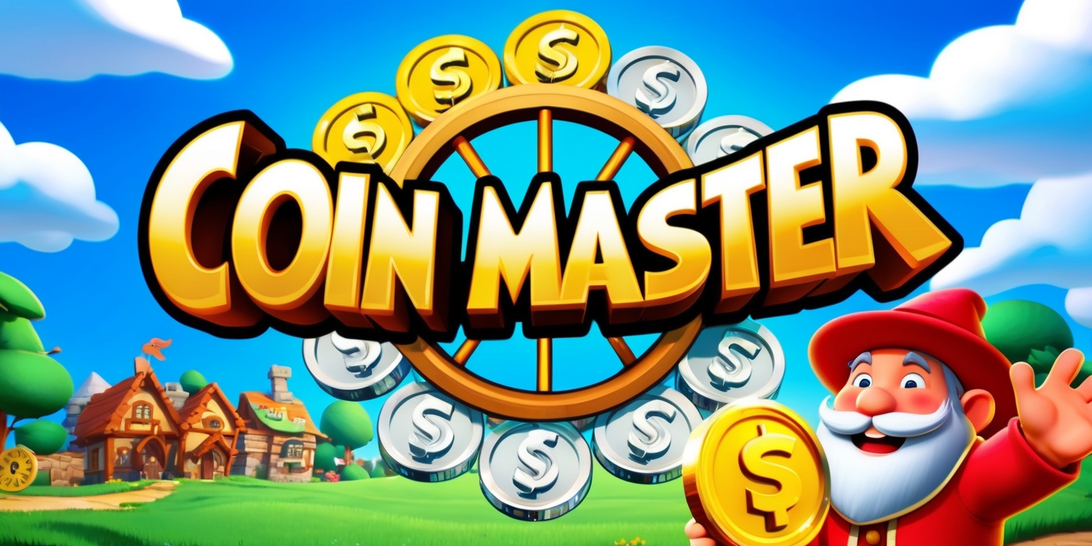 A colorful digital illustration of the Coin Master game, featuring a prominent spinning wheel with shiny gold and silver coins, set against a bright blue background with fluffy white clouds, the game's logo is displayed prominently in bold, golden font with a fun, adventurous style, a smiling villager with a big beard and a red hat is shown in the foreground, excitedly holding a large coin, with a few buildings and trees from the game's village visible in the background, the overall mood is lively and energetic, with a sense of excitement and anticipation.
