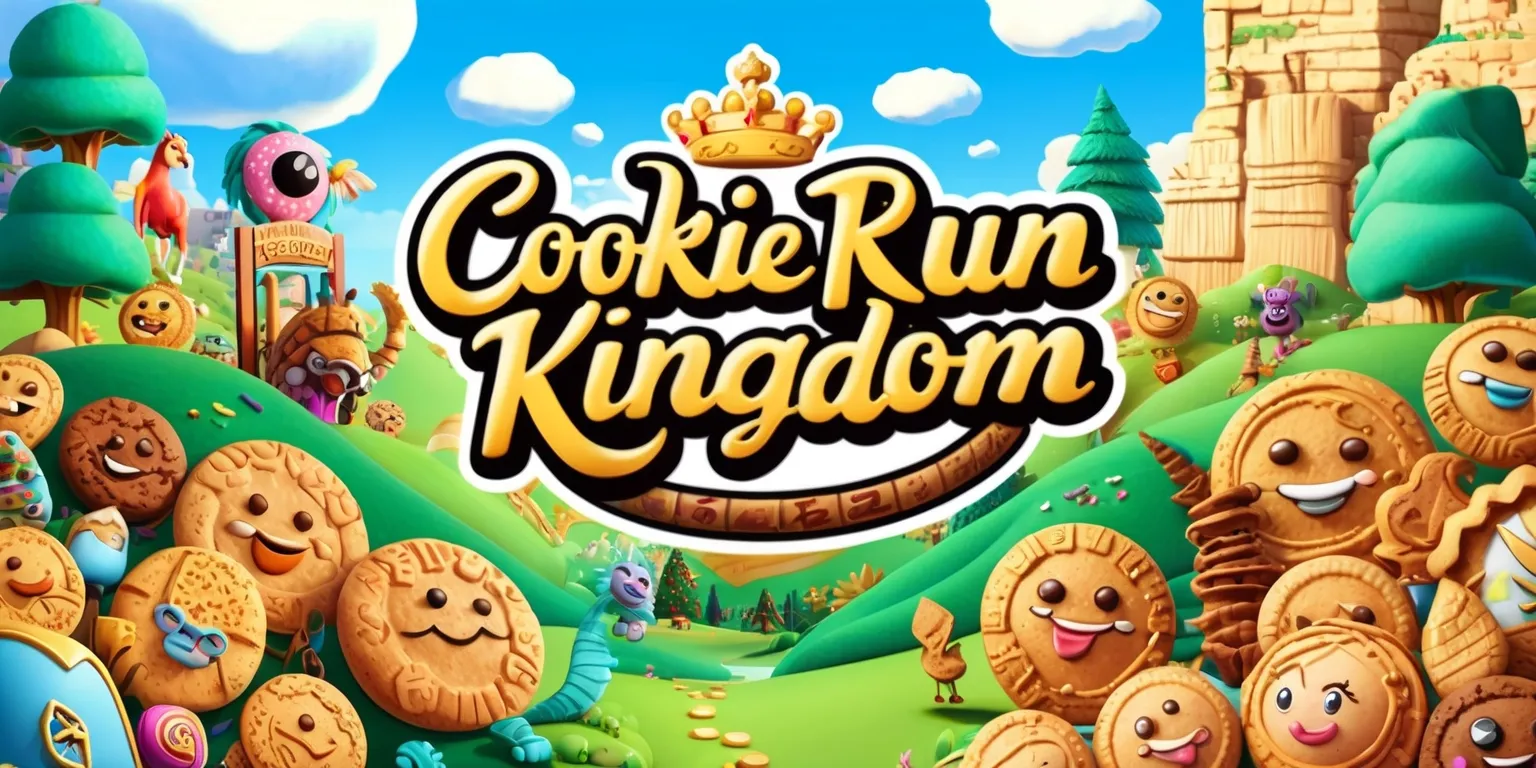 A vibrant and colorful digital illustration depicting the whimsical world of Cookie Run Kingdom, featuring a variety of intricately designed cookie characters with unique facial expressions and accessories, set against a lush green landscape with rolling hills and towering trees, with a bright blue sky and fluffy white clouds in the background, incorporating elements of fantasy and adventure, including magical creatures and ancient ruins, with bold lines and delicate textures, and a mix of warm and cool colors, including beige, brown, and pastel shades, with the Cookie Run Kingdom logo prominently displayed in a bold, cursive font with golden lettering and a royal crest, blending 2D and 3D elements in a dynamic and engaging composition.