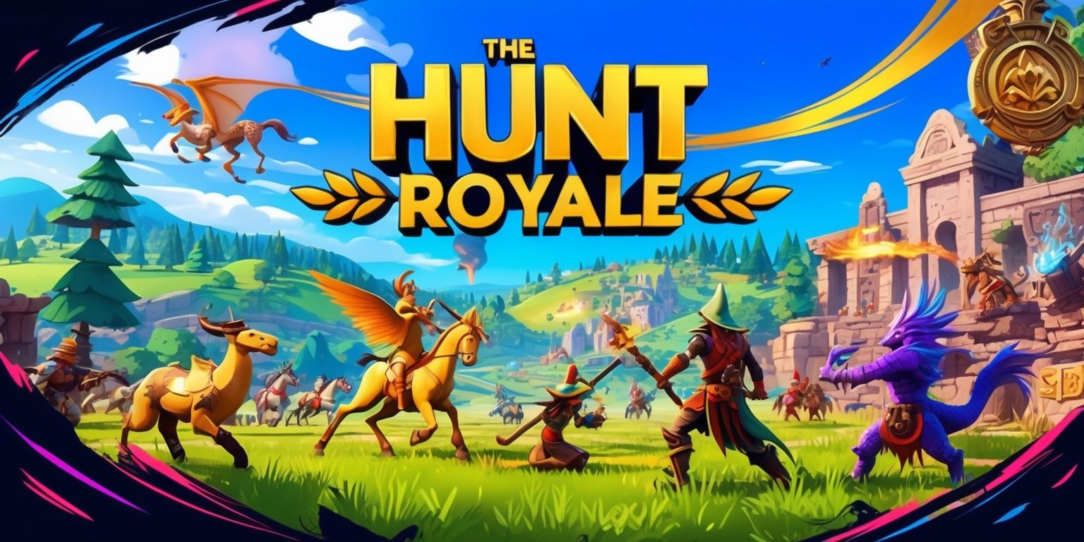 A vibrant digital illustration of the Hunt Royale game scene, featuring a fantastical landscape with rolling hills, dense forests, and a clear blue sky, populated by various mythical creatures and characters from the game, including a centaur, a wizard, and a dragon, all rendered in a colorful, detailed, and dynamic style, with bold lines, intricate textures, and a mix of warm and cool colors, set against a backdrop of ancient ruins, mysterious artifacts, and magical symbols, with the game's logo prominently displayed in a bold, golden font, with the tagline written in a curved line above the logo in a elegant, cursive script, and the characters engaged in epic battles, showcasing their unique abilities and skills, with a sense of energy, movement, and excitement, capturing the essence of the game's thrilling gameplay and immersive world.