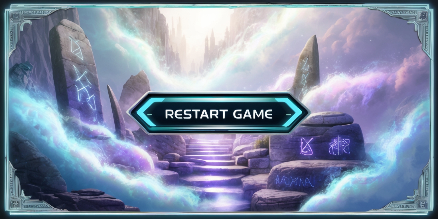 A mesmerizing illustration of Etheria, a fantastical realm, with a prominent Restart Game button at its center, surrounded by swirling clouds of iridescent mist, shimmering with a soft, ethereal glow. The atmosphere is tranquil, with hints of mystical energy emanating from the glowing runes etched into the ancient, weathered stones that form the landscape. The color palette is a blend of pastel hues, with soft blues, purples, and whites, evoking a sense of wonder and magic. The overall style is a fusion of dreamy, whimsical fantasy and modern, sleek digital design. The Restart Game button is designed in a stylized, futuristic font, with clean lines and a metallic sheen, creating a sense of contrast with the organic, mystical environment. The entire scene is framed by a subtle, ornate border, adorned with intricate patterns and symbols that hint at the secrets and mysteries of Etheria.