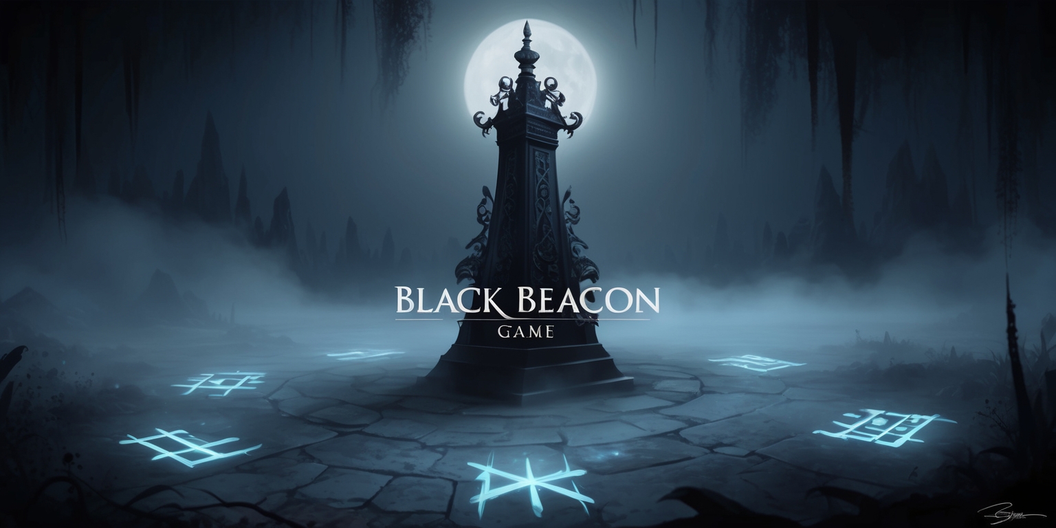 A serene, misty night scene depicting the mysterious Black Beacon game, set in a dimly lit, atmospheric environment with subtle, eerie lighting. The focal point is a grand, ornate black beacon, adorned with intricate, gothic-inspired carvings, standing tall amidst a foggy, moonlit landscape. In the surrounding area, faint, glowing runes or ancient symbols etched into the ground, emitting a soft, otherworldly blue glow. The overall mood is ominous, yet mystical, evoking a sense of foreboding adventure. The color palette is dark, with shades of midnight blue, dark grey, and misty white, punctuated by the faint, ethereal blue glow. The style is a mix of mystical fantasy and atmospheric horror, with bold brushstrokes and textures that evoke a sense of mystery and unease.