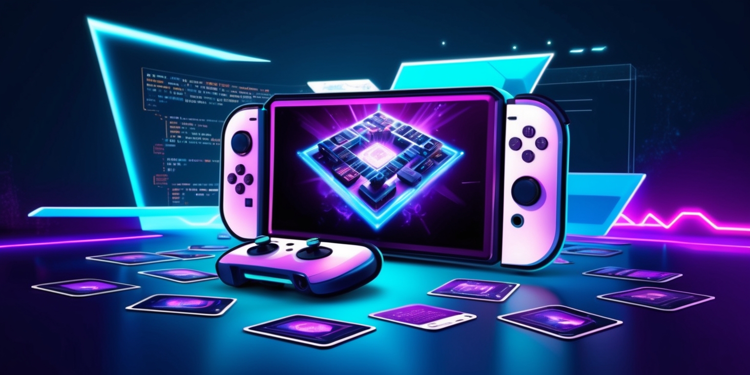 A vibrant, futuristic illustration of a Verse Piece game, set against a dark blue background with neon-lit accents, featuring a sleek, modern console with a glowing screen displaying a mesmerizing 3D game environment, surrounded by scattered game cards and controllers, with hints of coding languages and game development tools in the background, evoking a sense of innovation and creativity, with bold, dynamic lines and shapes, and a striking color scheme that blends electric blues, purples, and whites, with subtle gradients and textures that give the image a sense of depth and energy.