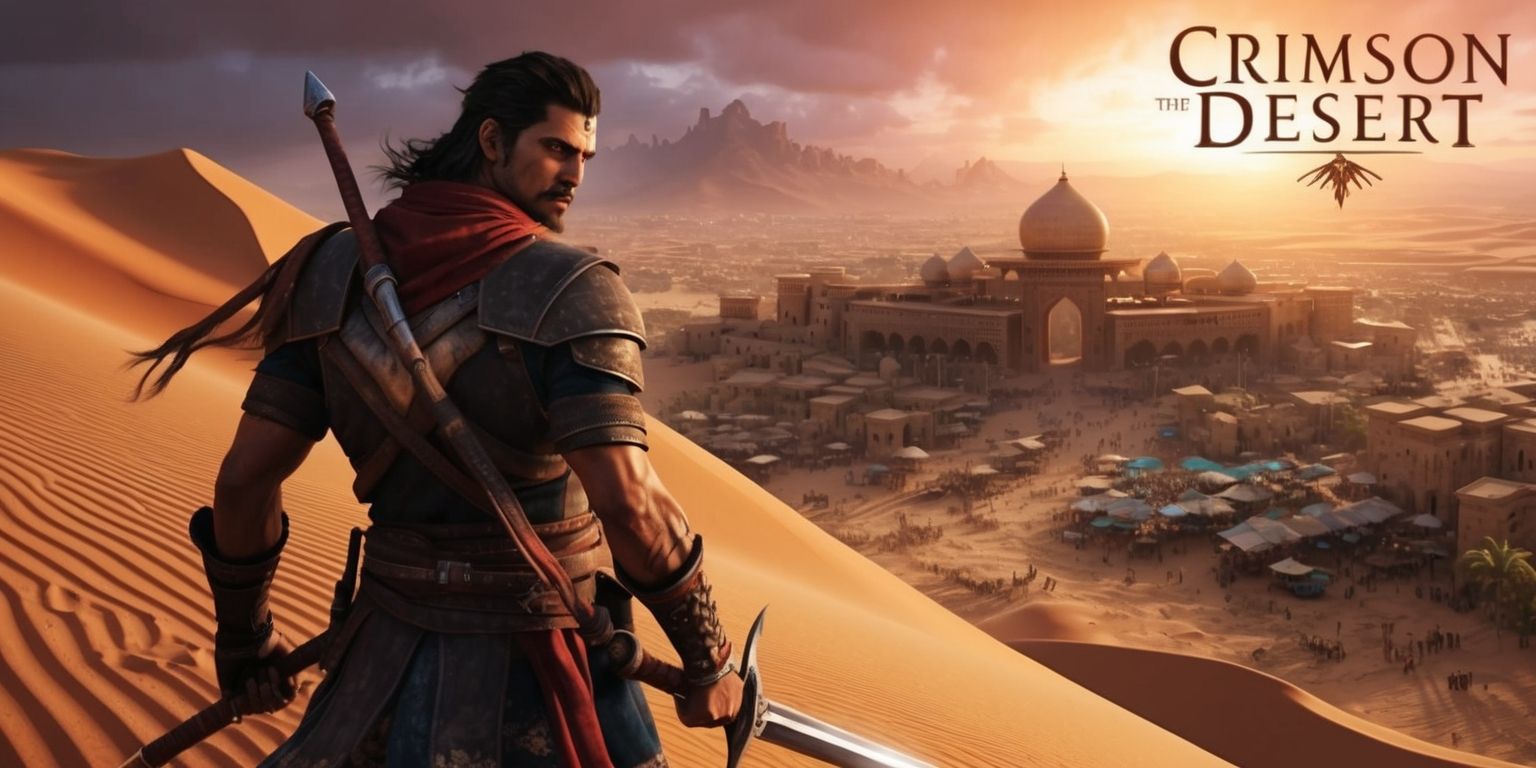A dramatic scene from the Crimson Desert game set in a vast desert landscape at sunset with a warm orange glow, featuring a lone figure of a warrior with sharp facial features, tanned skin, and worn leather armor, standing atop a dune with a sword in hand, overlooking a sprawling oasis city in the distance with intricate architecture and bustling markets, the atmosphere is tense with a sense of adventure and possibility, the style is highly detailed and realistic with a focus on textures and lighting, the layout is cinematic with a low angle shot looking up at the warrior, and the framing is wide with a shallow depth of field to emphasize the subject.