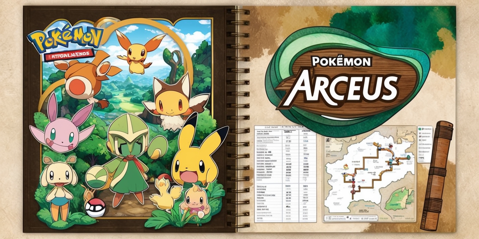 A detailed illustration of a Pokémon Legends: Arceus game guide, featuring a colorful layout with vibrant earthy tones, including shades of green, brown, and beige, showcasing various Pokémon characters, such as Rowlet, Cyndaquil, and Oshawott, in a scenic backdrop of the Hisui region, with a mix of digital and watercolor aesthetics, incorporating traditional Japanese-inspired elements, and bold, easy-to-read font styles, including the title Pokémon Legends: Arceus in a prominent, curved line, with a subtle wood-grain texture, and additional details such as a map of the Hisui region, and a list of Pokémon species, all carefully arranged in a visually appealing composition.