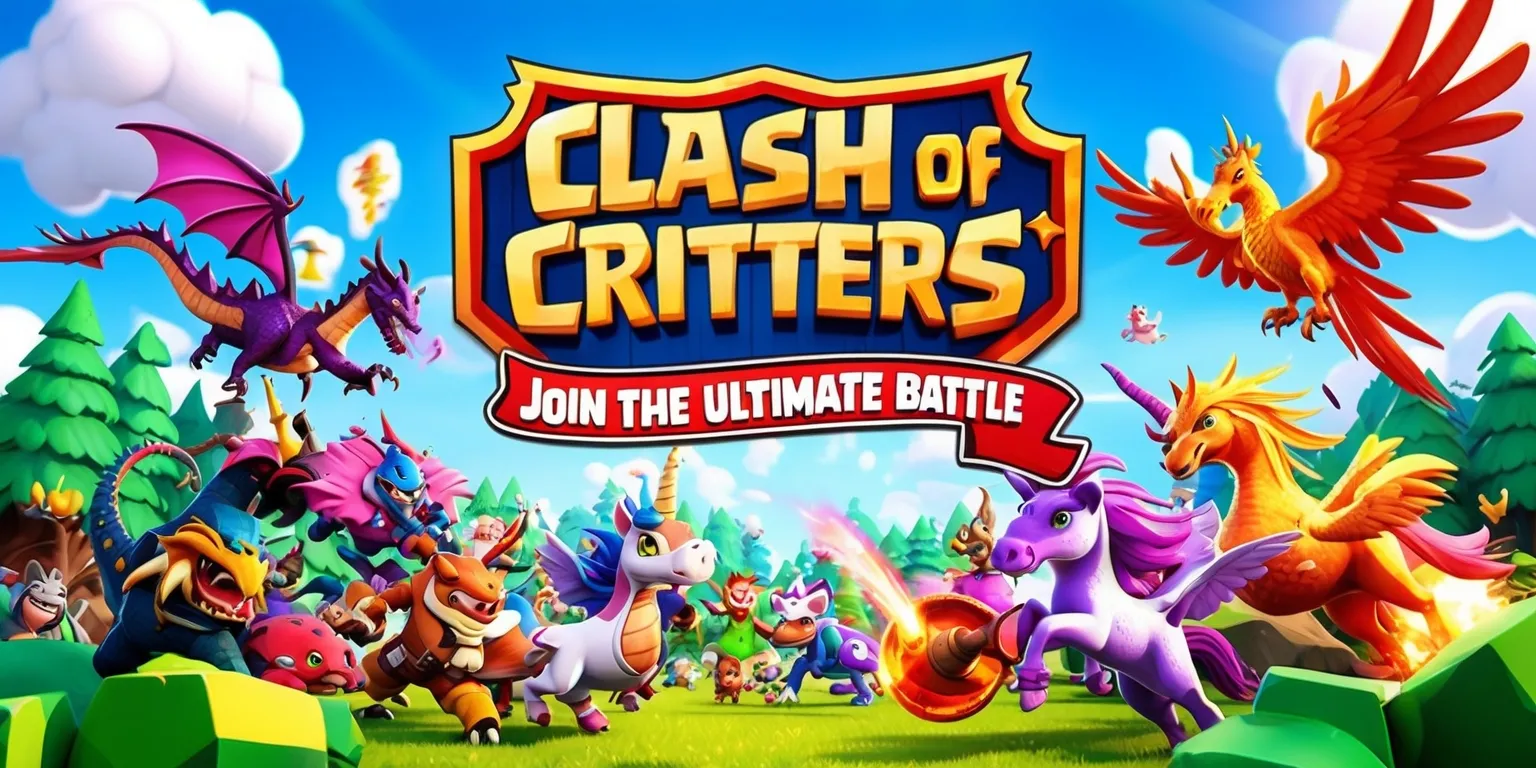 A colorful digital illustration of a vibrant fantasy world featuring various critters from the Clash of Critters game, with a lively and energetic atmosphere, set against a bright blue sky with fluffy white clouds, and a lush green forest in the background, where creatures such as dragons, unicorns, and phoenixes are engaged in a fun and exciting battle, with bold lines, textured details, and dynamic lighting effects, and the game's logo, a stylized font with golden letters and a crimson outline, is prominently displayed in the top center of the image, with the tagline Join the Ultimate Battle written in a curved line above the logo in a playful, cursive script.