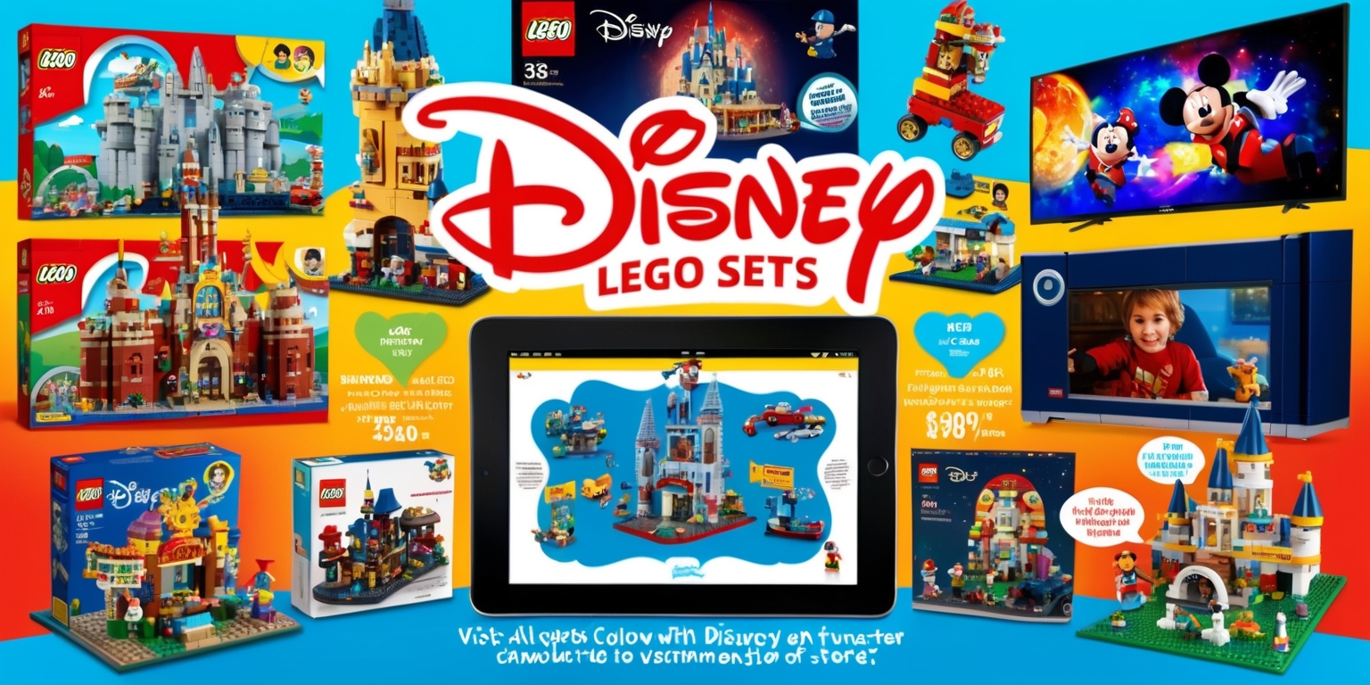 A vibrant and colorful promotional advertisement for a diverse collection of Disney-themed Lego sets, featuring large, intricately detailed models of iconic Disney characters and locations, as well as smaller, interactive builds, all showcased with exceptional discounts and special offers, accompanied by a digital companion app on a tablet with a bright, user-friendly interface, and multimedia tie-ins, including posters and TV screens displaying beloved Disney movies and characters, with a bold, eye-catching headline and stylized, cursive font reading Disney Lego sets, and a call-to-action to visit a website or store, surrounded by excited, smiling children of different skin colors and ages, with a mix of short and long hair, all engaged with the Lego sets and having fun.