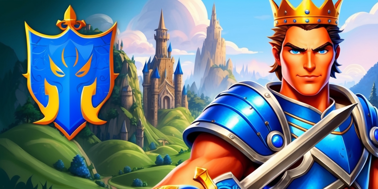 A vibrant illustration of a video game character known as the Blue Prince, set against a richly detailed fantasy landscape with rolling hills and towering spires, the prince is depicted with a strong facial structure, piercing blue eyes, and skin with a warm golden undertone, wearing an intricately designed blue armor with silver accents, a golden crown on his head, and holding a mighty sword in his right hand, the character's expression is one of courage and determination, the background is filled with subtle textures and shades of blue and green, with the game's logo, a stylized blue crest with golden edges, prominently displayed in the top left corner, the overall style is reminiscent of classic fantasy games with a mix of medieval and mythical elements.