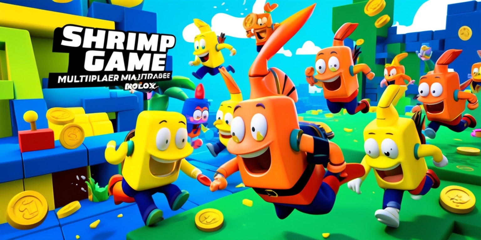 A vibrant and colorful digital illustration depicting a popular online multiplayer game, Shrimp Game, set within the Roblox universe. The artwork features a whimsical 3D environment with bright shades of blue, green, and yellow, evoking a sense of fun and adventure. In the foreground, several shrimp characters with expressive facial features, varied skin tones, and unique accessories, such as hats or backpacks, are engaging in various activities like running, jumping, or interacting with each other. The scene is filled with playful details, including coins, power-ups, and obstacles inspired by the game. The overall style is reminiscent of Roblox's signature blocky, low-poly aesthetic, with bold lines and rounded shapes. The composition is dynamic, with a mix of negative space and action-packed moments, drawing the viewer's attention to the excitement of the Shrimp Game.