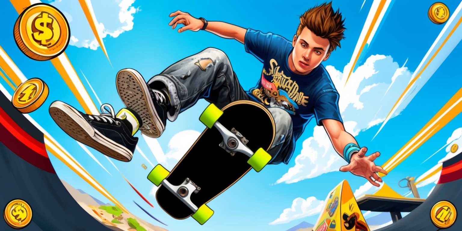 A vibrant, dynamic illustration of a skateboarding game, set against a bright blue sky with fluffy white clouds, featuring a young adult with short, spiky brown hair, wearing a pair of worn-out sneakers, baggy jeans, and a trendy skateboard-inspired t-shirt, performing a mid-air trick on a sleek, black skateboard with neon green wheels, surrounded by various game elements such as coins, power-ups, and ramps, blending realistic graphics with stylized, comic-book-inspired visual effects, with bold, vibrant colors and crisp lines, creating a sense of speed, energy, and excitement, while maintaining a fun, carefree atmosphere.