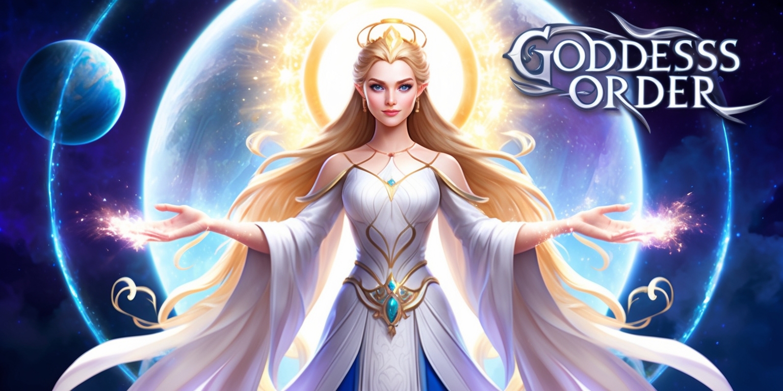 A vibrant digital illustration of a fantasy video game scene depicting the Goddess Order, with a powerful female deity standing prominently in the center, surrounded by a halo of soft golden light, her long flowing hair and elegant white gown intricately detailed, set against a stunning celestial backdrop of shimmering stars and planets, with subtle hints of magical energy emanating from her outstretched hands, her facial features calm and serene, with a gentle smile and piercing blue eyes, the overall atmosphere is one of serenity and wonder, with the game's logo subtly integrated into the design, in a bold yet elegant font, with the title Goddess Order written in a curved line above the deity's head, in a shimmering silver color that complements the celestial theme.