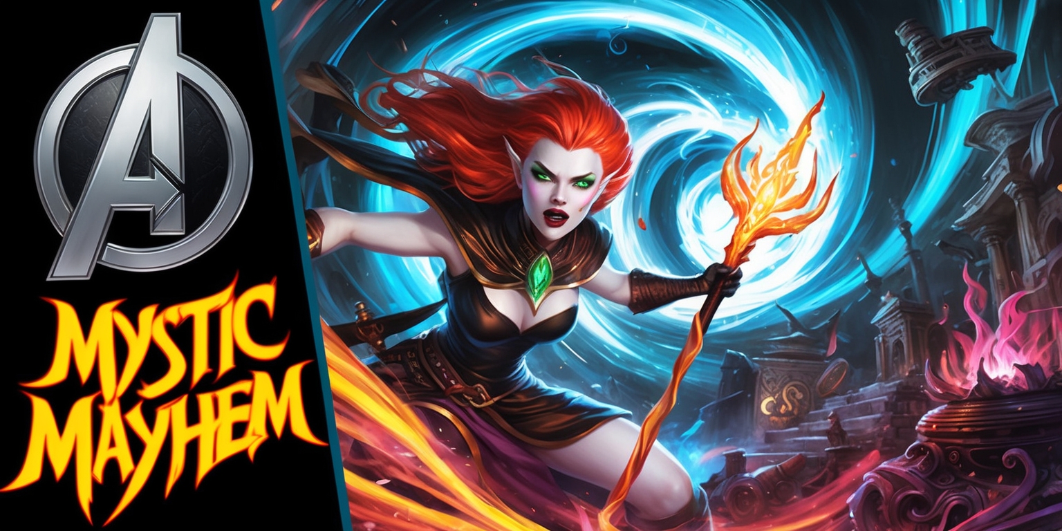 A vibrant, action-packed illustration of a Marvel-inspired fantasy scene, set in a mystical realm, with a sense of chaos and mayhem unfolding. In the foreground, a powerful sorceress with porcelain skin, fiery red hair, and piercing emerald eyes wields a glowing staff, surrounded by swirling magical energies. The background is a swirling vortex of colors, with hints of ancient tomes, mystical artifacts, and crumbling architecture. The atmosphere is dark, with flashes of electric blue and crimson, evoking a sense of intensity and urgency. The Marvel logo, in bold, metallic silver, is emblazoned in the top-left corner, with the words Mystic Mayhem written in fiery, curved script, reminiscent of ancient runes. The overall style is a blend of comic book dynamism and dark fantasy, with bold lines, vivid colors, and a sense of dynamic movement.