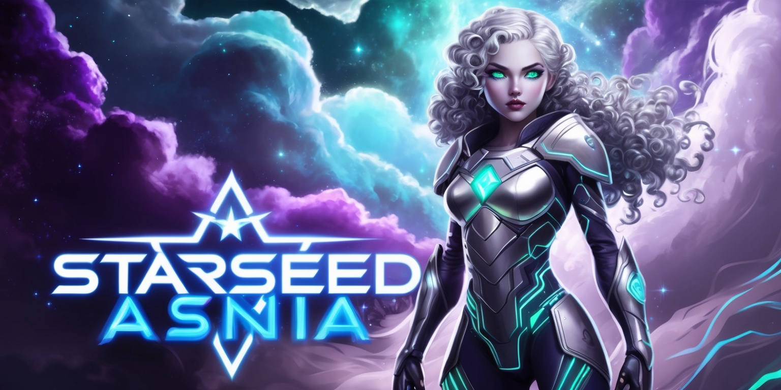 A vibrant, cosmic illustration of Starseed Asnia, a powerful, otherworldly being, set against a nebula-inspired background with swirling clouds of purple, blue, and silver, evoking a sense of celestial wonder. Asnia, a Trigger game character, stands confidently, with an air of determination, her long, curly silver hair flowing behind her like stardust. Her porcelain skin glows with an ethereal light, and her piercing emerald green eyes shimmer like distant stars. She wears a sleek, metallic armor adorned with intricate, glowing circuitry patterns, with a silver emblem on her chest resembling a stylized, five-pointed star. In the foreground, the game's logo Starseed Asnia Trigger is emblazoned in bold, neon blue lettering with a subtle, shimmering effect, as if written in the stars themselves. The overall style blends futuristic and mystical elements, with bold lines, dynamic poses, and a sense of dynamic energy.