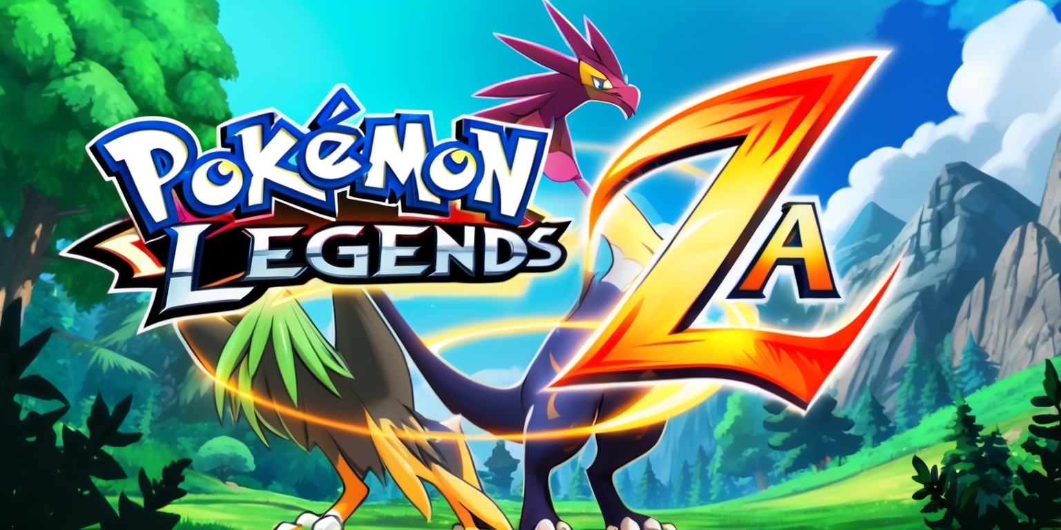 A vibrant video game-inspired illustration featuring the logo of Pokemon Legends Z-A, with a bold font and metallic sheen, set against a stylized background of lush green forests and rugged mountains, reminiscent of the game's open-world environment, with the two legendary pokemon, Zacian and Zamazenta, standing prominently in the center, their fur and feathers intricately detailed, and their eyes glowing with a fierce inner light, surrounded by a subtle aura of light and energy, with the game's title written in a curved line above them, in a futuristic, cursive font, with the words Pokemon Legends written in a lighter shade of blue, and Z-A in a brighter, fiery orange, conveying a sense of adventure, excitement, and epic battles.